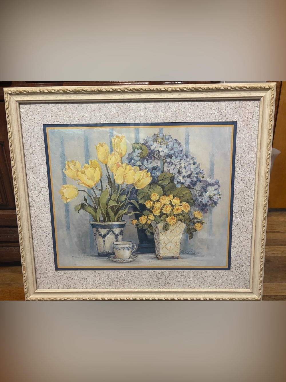 Barbara Mock 29 width 25 ht Floral Still Life Print with Yellow Tulips and Roses - Picture 2 of 3